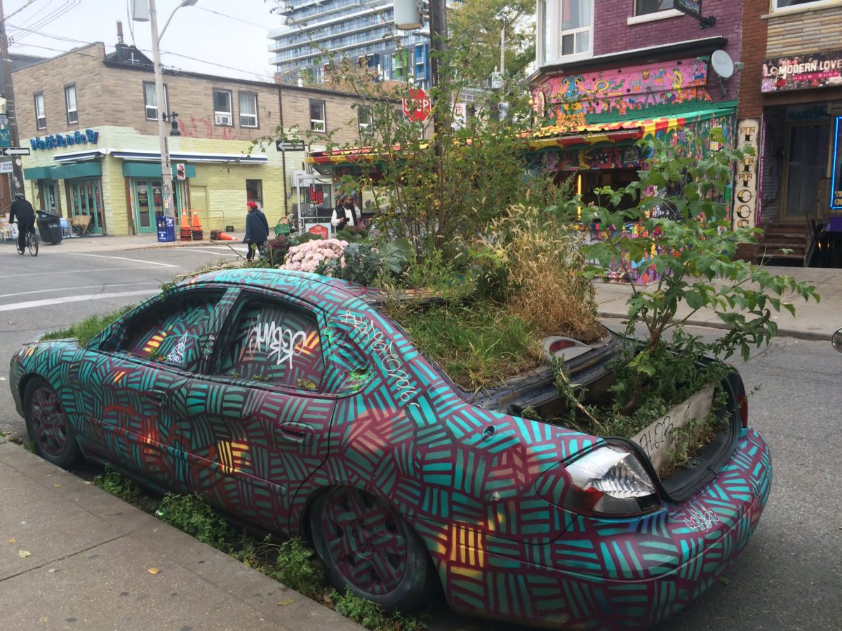 An old car on a city street with plants and flowers growing from the trunk and the passenger cmpartment.