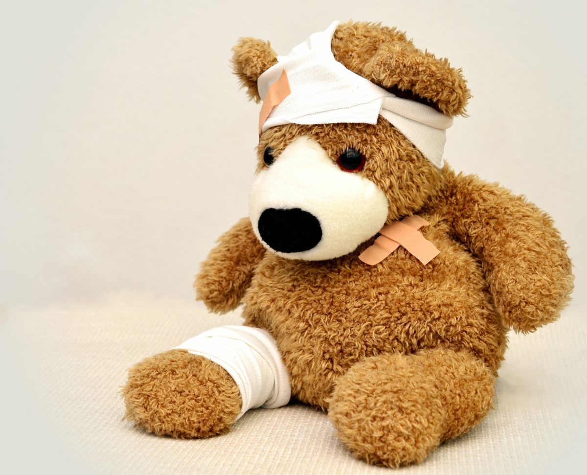 Teddy bear with bandages.