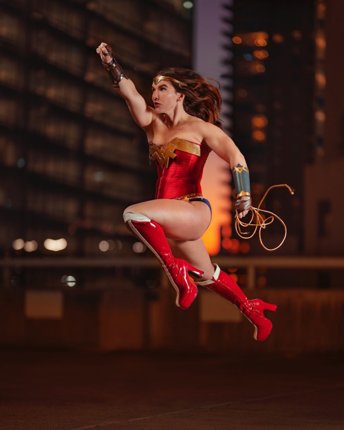 Woman in Wonder Woman costume.