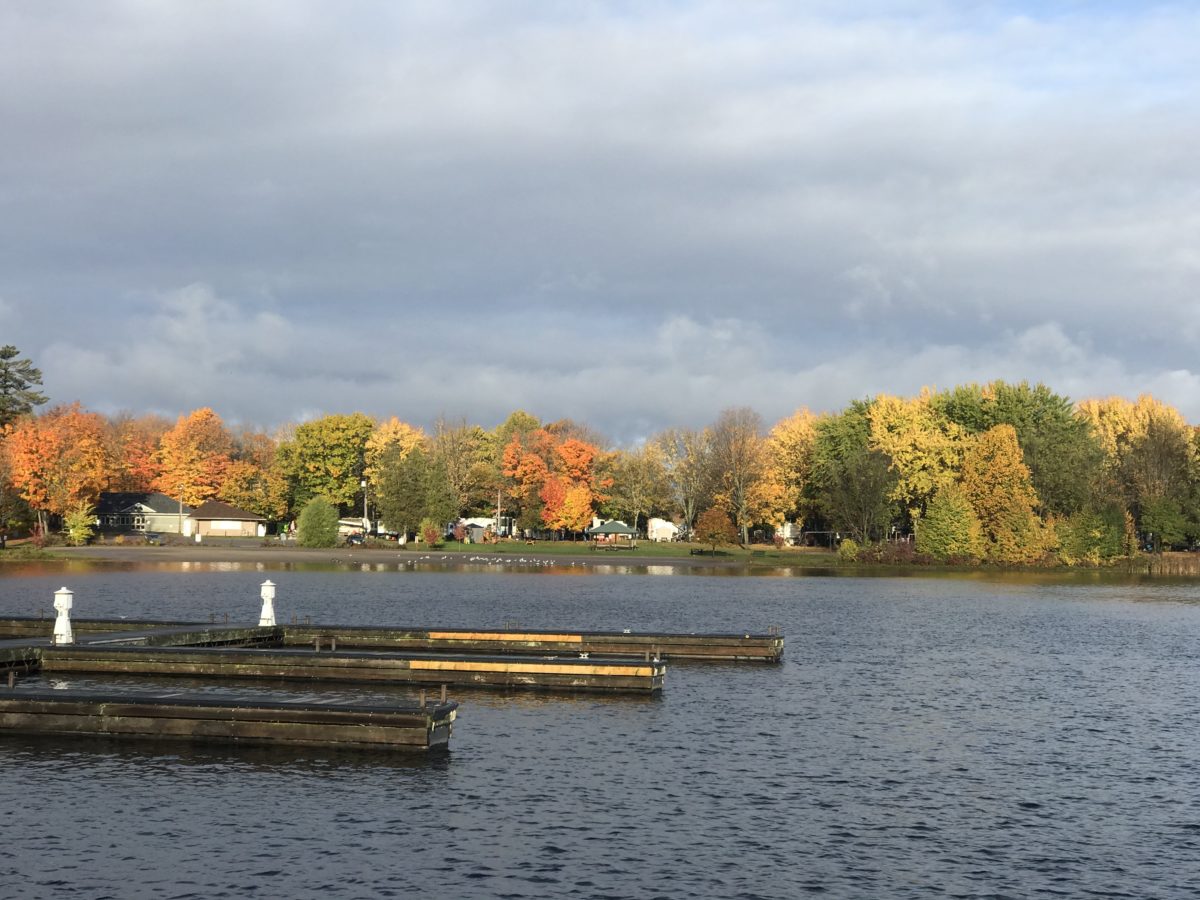 Fall colours on trees across the water with empty docks in the foreground.