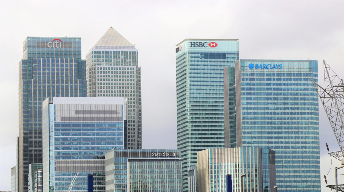 Skyscrapers with Bank logos.