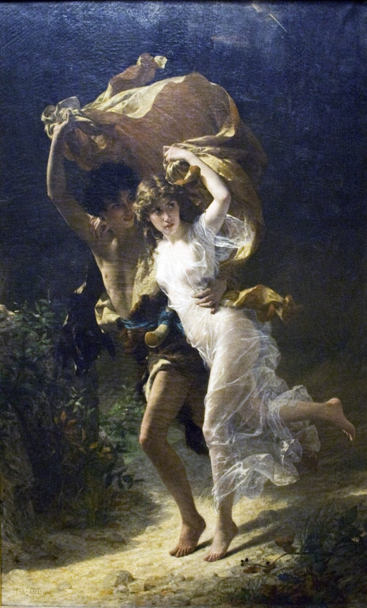 The Storm by Pierre Auguste Cot, Public domain, via Wikimedia Commons (A young couple in ancient times running to seek shelter from a storm.)