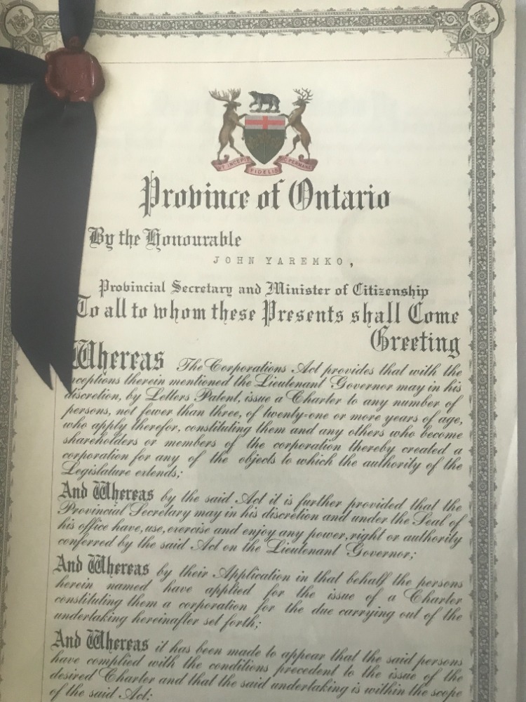 Old Letters Patent for an Ontario corporation.