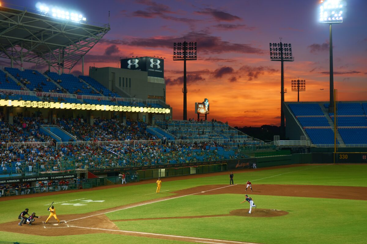 Baseball stadium at night.