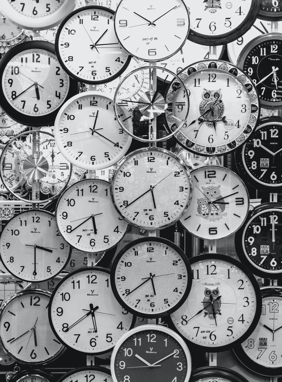 A wall full of clocks.