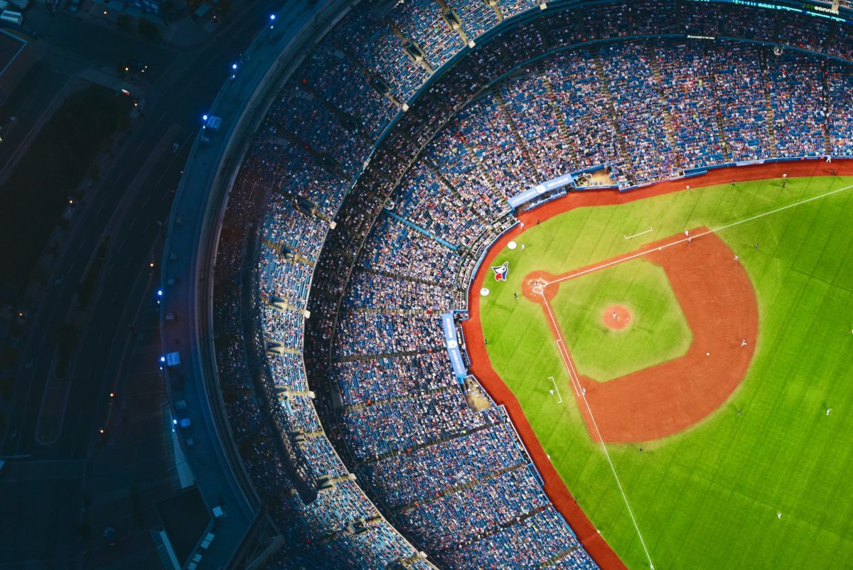 Aerial photo of baseball stadium at night.