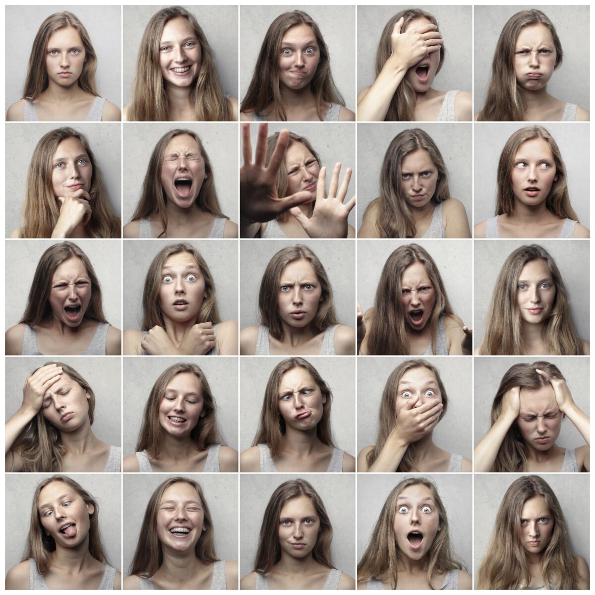 A collage of photos of the same woman with many different expressions.