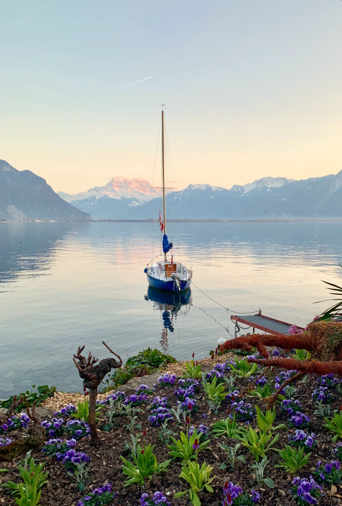 Sale Boat moored in beautiful bay on calm water.