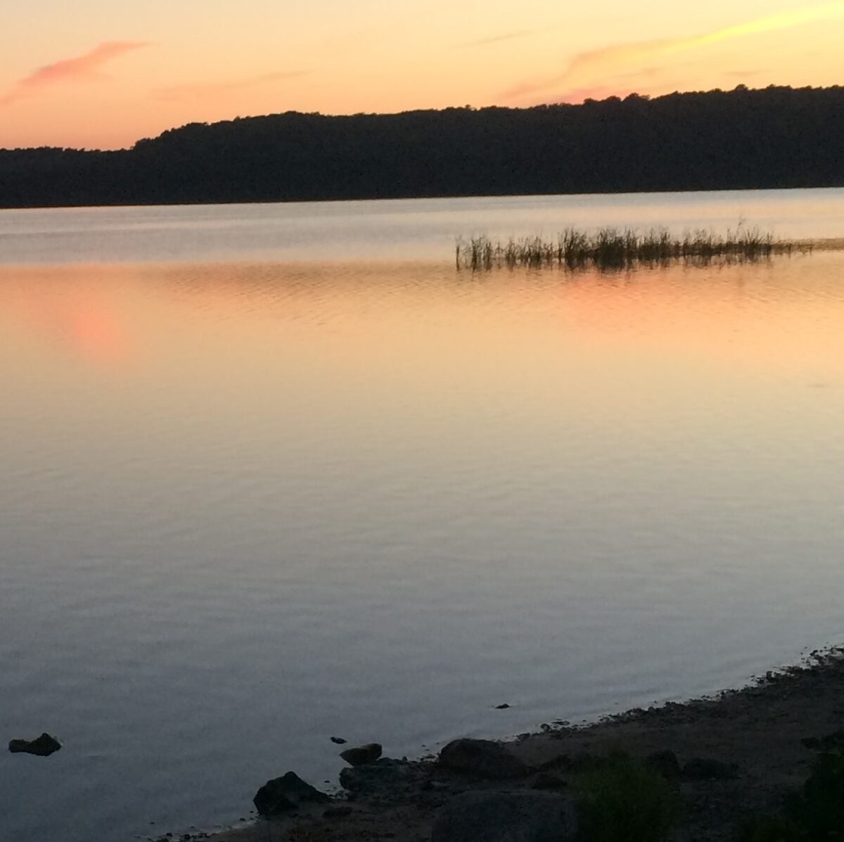 A lake at sunset with trees in the distance.