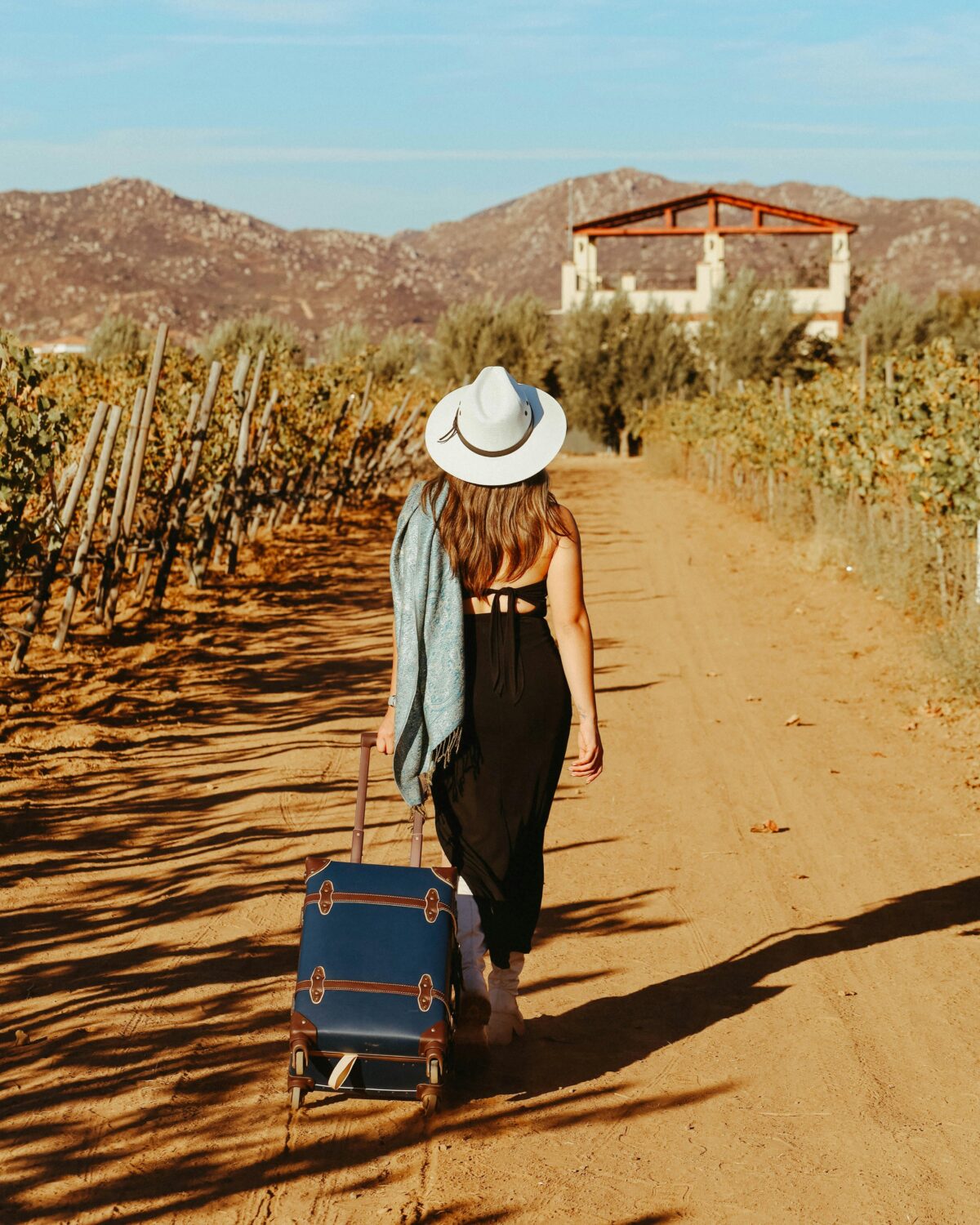 Woman pulling a suitcase on a country road, seen from behind.