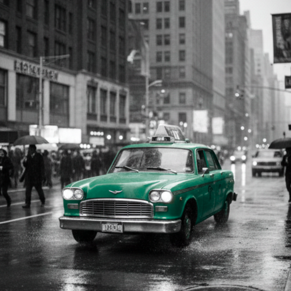 A green taxi cab against a black and white background.