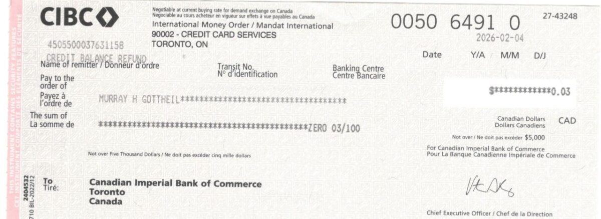 Bank draft payable to the author for $0.03.